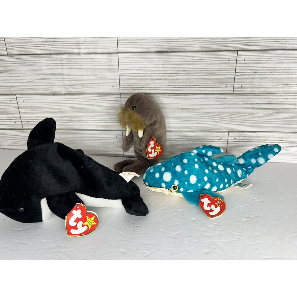 Ty Beanie Baby Aquatic Lot Poseidon Whale Shark, Jolly Walrus, Waves Orca Whale - Picture 9 of 9